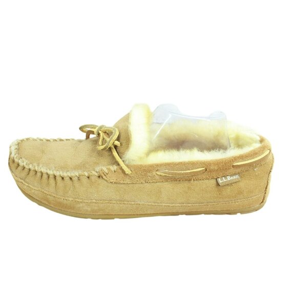 LL Bean Brown Suede Wicked Good Shearling Lined Moccasin Slippers Size 12 Wide - Picture 1 of 9